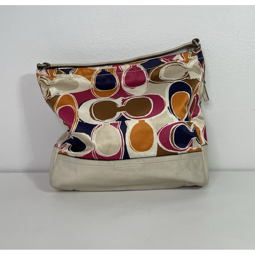 COACH Signature Park Scarf Print Satin and Leather Hobo Bag Pink Orange Large